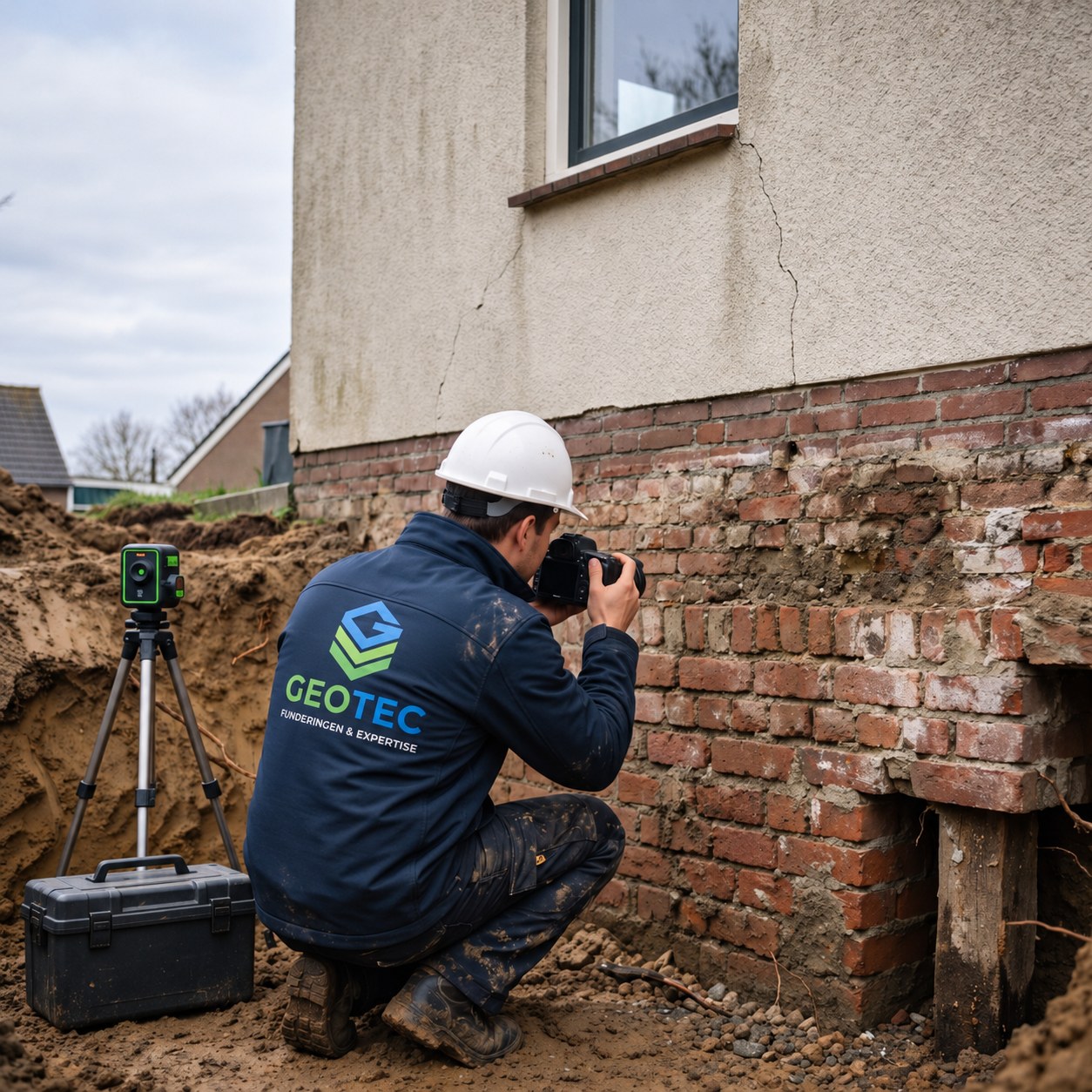 Geotec-specialist fotografeert de blootgelegde fundering met een laserwaterpas ernaast