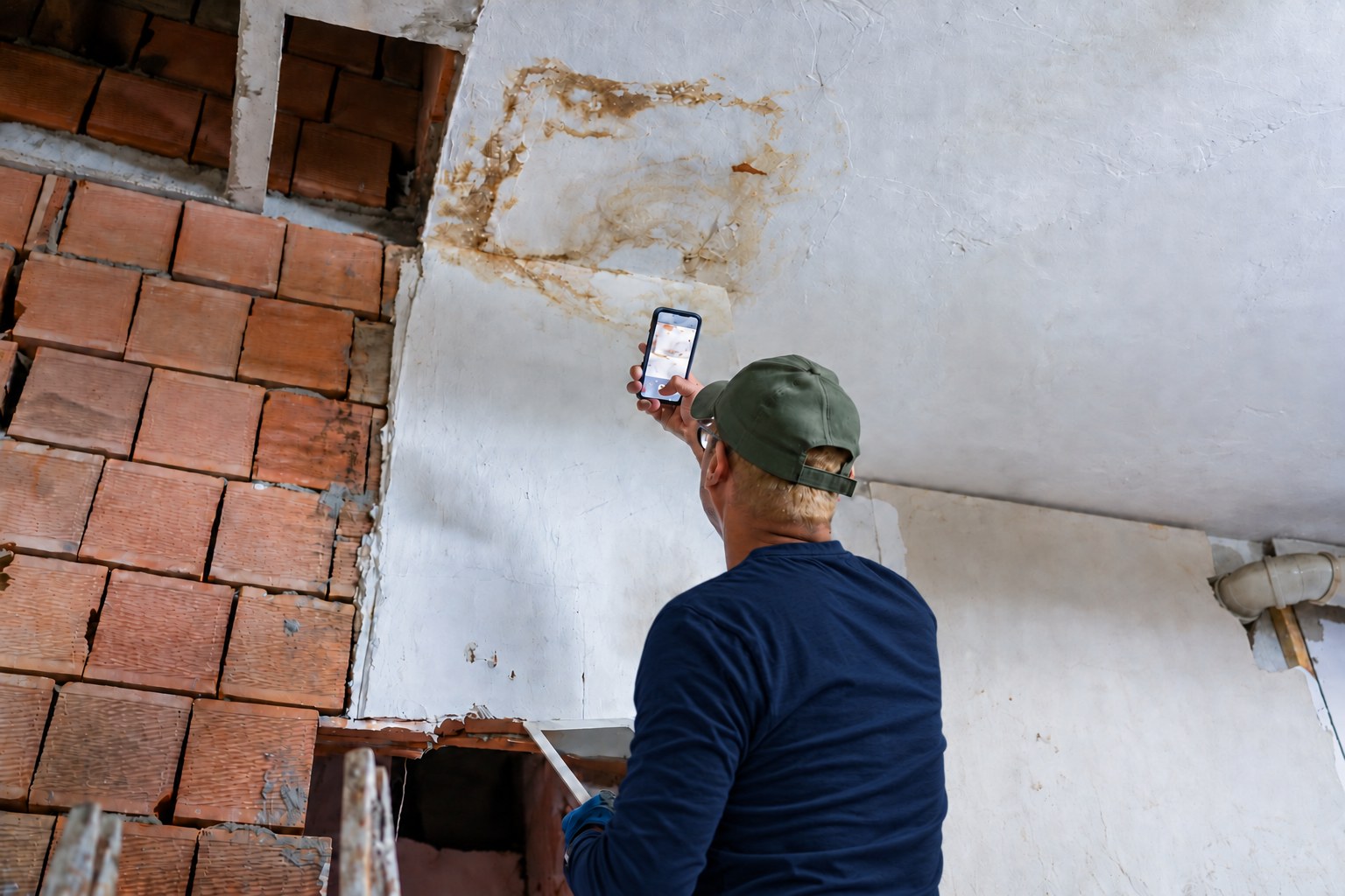 Geotec-inspecteur fotografeert een scheur in de gevel van een woning